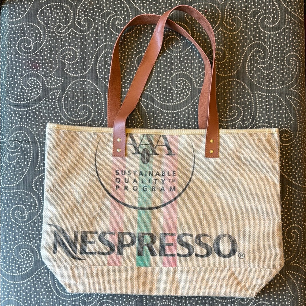 Nespresso Burlap Tote Bag with Brown Handles